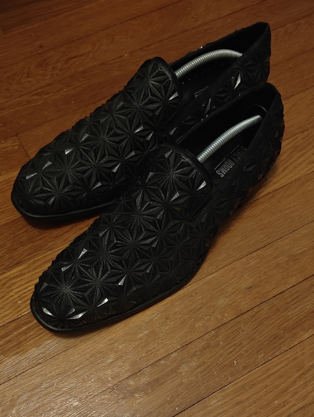 NWOB Stacy Adams Mens 11.5 Black Geometric Textured Tuxedo Slip On Loafers